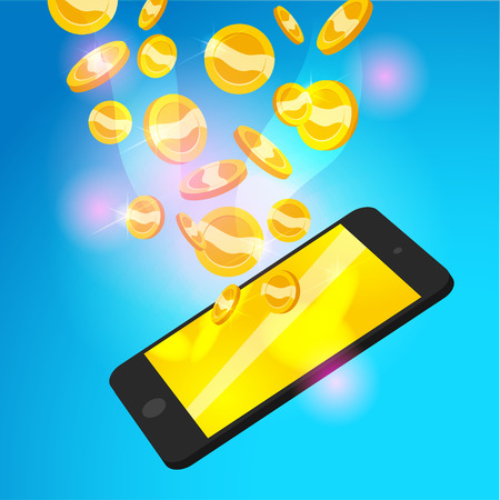 Vector seamless pattern with falling golden coins and smartphone isolated on blue background. Money rain illustration. Currency sign, gold cash coins.のイラスト素材