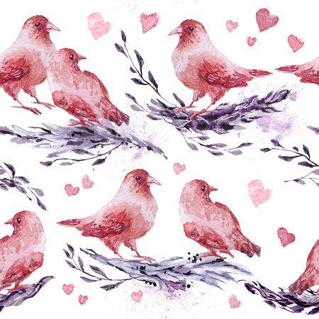 Watercolor hand drawn artistic seamless pattern with painted elements - birds and brunches. Good for Valentine day decoration design, wedding invitations, cards, posters, prints.の写真素材