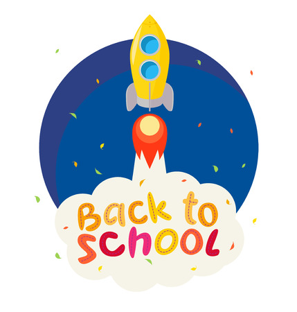 Vector flat back to school illustration with flying big yellow rocket on dark blue sky isolated. Stars. New knowledges idea banner.のイラスト素材