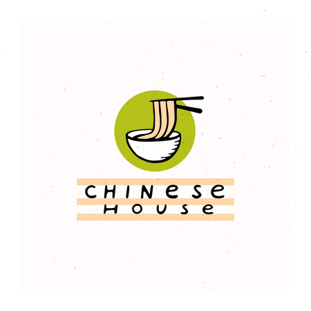Vector flat hand drawn chinese food restaurant logo with sticks and noodle and bowl isolated on white textured background. Outline food icon. National cookery. Fast food logotype design.のイラスト素材