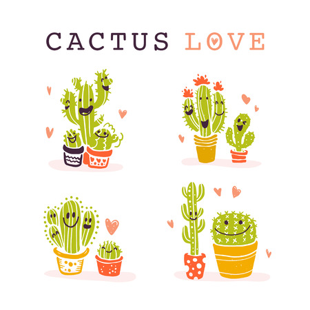 Vector collection of flat smiling cacti friends in cartoon style standing isolated on white background. Collection of hand drawn cute green cactus in love icons smiling.のイラスト素材