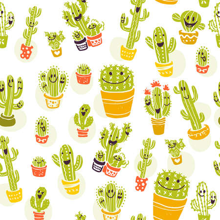 Vector seamless pattern with hand drawn cactus elements isolated on white background. Floral desert ornament, sketch, doodle style. Cacti icon. Perfect for cards, banners, packaging paper, prints etc.のイラスト素材