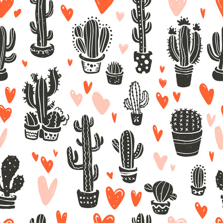 Vector seamless pattern with hand drawn cactus elements & hearts isolated on white background. Floral desert ornament, sketch, doodle style. Cacti icon. Good for card, banner, packaging paper, prints.のイラスト素材
