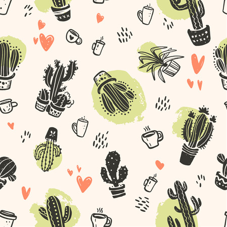 Vector seamless pattern with hand drawn cactus and love elements isolated on light background.のイラスト素材