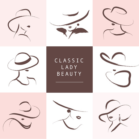 Vector artistic hand drawn stylish young lady portrait set isolated on white background. Fashion girl model icon. Woman in hat. Beauty illustration, logo design. Fashion poster, placard, banner.のイラスト素材