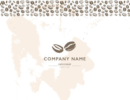 Vector seamless coffee logo & backdrop design with hand drawn coffee beans isolated on white background. Ink drawing, coffee seeds. Packaging design, wallpaper, banner etc.のイラスト素材