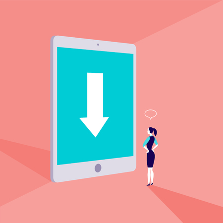 Vector business concept illustration with business lady standing in front of big tablet with arrow on its screen.のイラスト素材