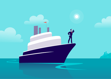 Vector flat business illustration with businessman sailing on ship through ocean towards city on blue clouded sky. Motivation, achievements, new goals, aspirations, leadership, winner - metaphor.のイラスト素材