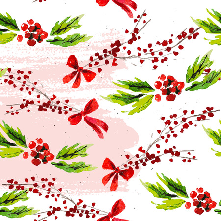 Vector artistic seamless pattern for Merry Christmas holiday with hand drawn watercolor decor elements - holly berry branch, red bow isolated on white background. Packaging paper, cards design.のイラスト素材
