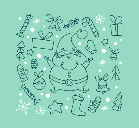 Vector flat traditional Christmas decor icons - santa, fir tree, decoration ball, snowflake, gift box, bell, star - isolated on green background. Packaging design, cards, posters elements. Line art.のイラスト素材