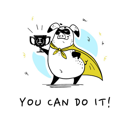 Vector hand drawn illustration with text and funny pig super hero character in yellow cloak isolated on white background. Comic book style. Good for print design, cards, packaging, banners, decor etc.のイラスト素材