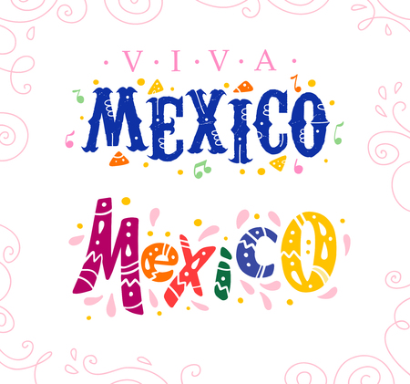 Vector flat set of Viva Mexico lettering text isolated on white background with floral frame ornament and hand drawn line art elements. Perfect for card, poster, banner, print, party, carnival decor.のイラスト素材