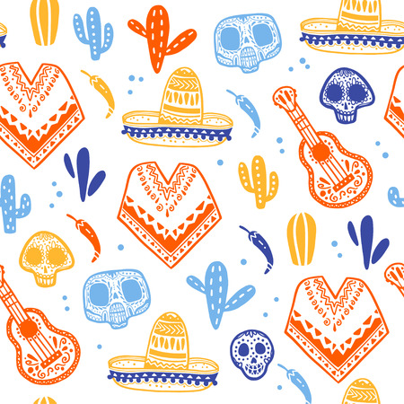Vector seamless pattern for Mexico traditional celebration - dia de los muertos - with skull, poncho, cacti, guitar, sombrero isolated on white background. Good for packaging design, print, decor, webのイラスト素材