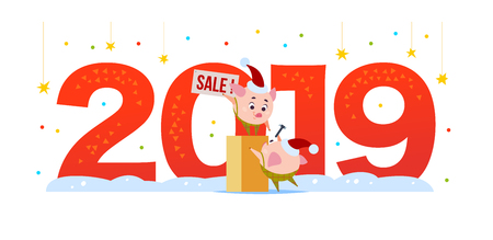 Vector Merry Christmas flat illustration with 2019 number and two happy little pig elf in santa hat isolated on white background. Good for New Year season web banner, advertisement, card, poster etc.のイラスト素材