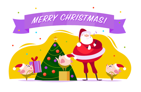 Vector flat Merry Christmas illustration with Santa Claus, cute pig elf decorate New year fir tree, xmas holiday congratulation isolated on white background. Web banner, advertisement, card, packagingのイラスト素材