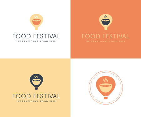Vector food festival logo template in different color variants isolated. Restaurant, cafe, catering, food service emblem design. Logotype with air balloon and aroma bowl illustration.のイラスト素材