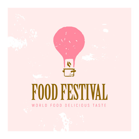 Vector food festival logo template in different color variants isolated. Restaurant, cafe, catering, food service emblem design. Illustration of textured flying pink air balloon and pot.のイラスト素材