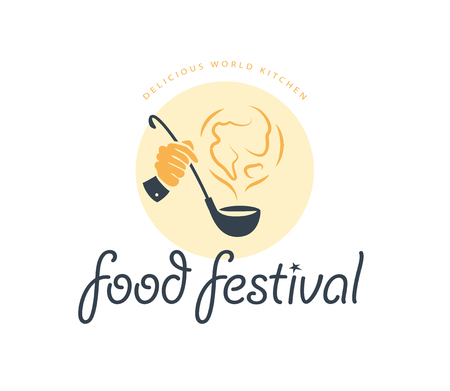 Vector food festival logo template in different color variants isolated. Restaurant, cafe, catering, food service emblem design. Human hand holding scoop and earth smoke icon illustration.のイラスト素材