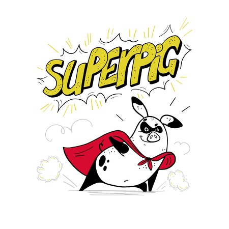 Vector hand drawn illustration with text and funny pig super hero character in yellow cloak isolated on white background. Comic book style. Good for print design, cards, packaging, banners, decor etc.のイラスト素材