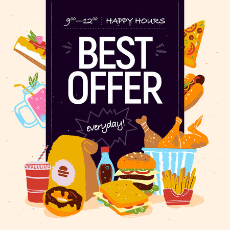 Vector hand drawn illustration for fast food cafe special offer advertising or banner design with pizza, donut, soda, burger, fries, sandwich, chicken, cheesecake etc. Chalkboard drawing, sketch styleのイラスト素材
