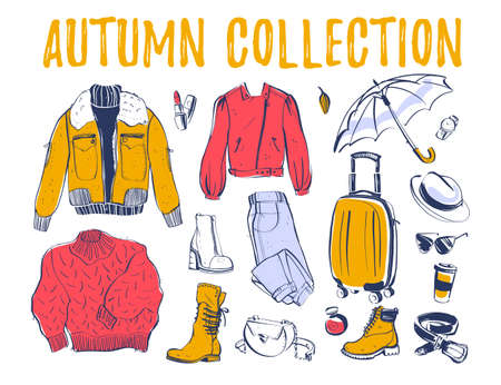 Vector collection of trendy autumn & winter female wardrobe clothing & accessory elements: jacket, boot, bag, jeans etc isolated on white background. Hand drawn sketch style. Good for card, sale tag.のイラスト素材