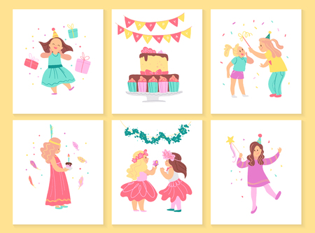 Vector collection of girls birthday party cards with bd cake, garlands, decor elements and happy kids characters. Flat cartoon style. Good for invitation, tags, posters etc.のイラスト素材