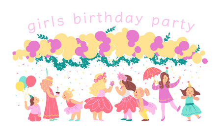 Vector illustration of girls birthday party happy characters celebrating with bd garland, decor elements isolated on white background. Flat cartoon style. Good for invitation, tags, posters etc.のイラスト素材