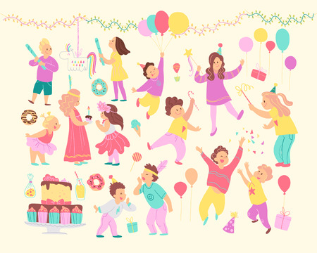 Vector set of happy kids celebrating birthday party and different decor elements - garlands, bd cake, candy, balloons, gifts isolated. Flat cartoon style. Good for cards, invitations, patterns, tags.のイラスト素材