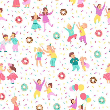 Vector seamless pattern for children birthday party. Flat hand drawn style. Happy kid characters, donuts, confetti isolated on white background. Good for cards, packaging gifts paper, banner etc.のイラスト素材