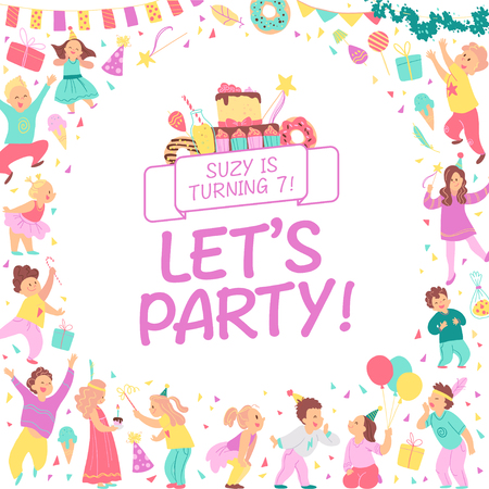 Vector birthday party invitation design template with bd cake, garlands, candy, gifts, confetti, text congratulation & happy kid characters. Flat cartoon style. Party poster, card, banner illustrationのイラスト素材