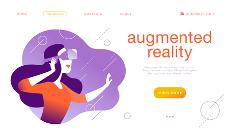 Vector landing page design template for new vr technology - woman in vr goggle headset / helmet / glasses in abstract augmented virtual reality. Flat style. Concept for web page banner, mobile app, UIのイラスト素材