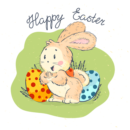 Happy Easter congratulation card with happy cute little bunny and holiday eggs isolated on white textured background. Hand drawn style. Good for easter cards, children prints, clothes, gift tags etc.のイラスト素材