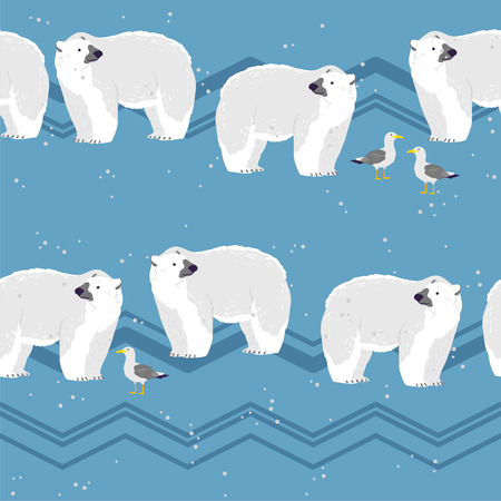 Vector flat seamless pattern with hand drawn north polar bear animals, snow, seagull, mountains on winter landscape. Good for packaging paper, cards, wallpapers, gift tags, nursery decor etc.のイラスト素材