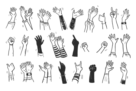 Vector collection of human hands up, gestures, thumb up, greeting, applause so on isolated on white background. Hand drawn, flat, sketch style. For cards, advertising, banners, invitations, tags etc.のイラスト素材