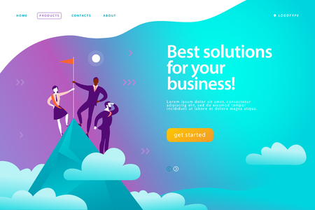 Vector web page design template - business solutions, consulting, marketing, support concept. People standing on mountain peak with winner flag. Success team work. Landing page. Mobile app, web bannerのイラスト素材