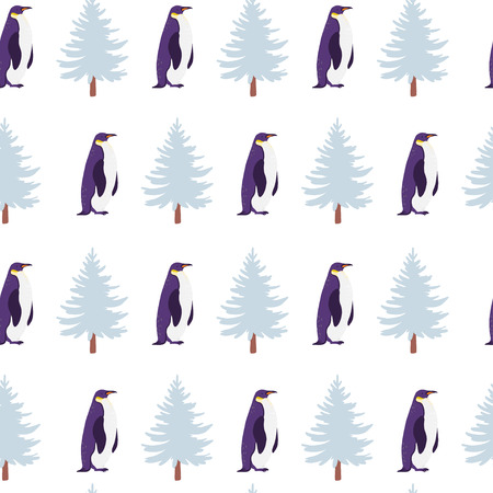 Vector flat seamless pattern with hand drawn north penguin animals isolated on winter landscape. Good for packaging paper, cards, wallpapers, gift tags, nursery decor etc.のイラスト素材
