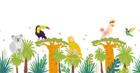 Vector flat tropical seamless pattern with hand drawn jungle trees and elements, koala, monkey animals, parrot, toucan birds isolated. For packaging paper, cards, wallpapers, gift tags, nursery decor.のイラスト素材