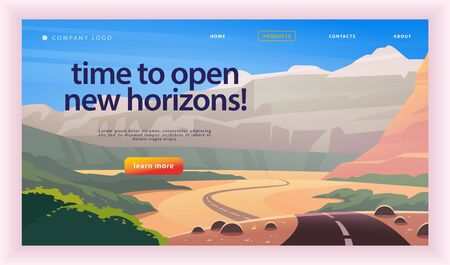Vector landing page design template with beautiful flat summer canyon mountains road trip landscape illustration. Special offer, vacation discount banner concept. For travel agency, touristic firm.のイラスト素材