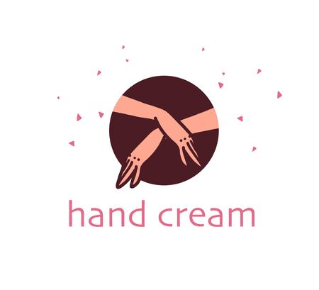 Vector hand skin care design concept with human lady hands illustration icon in hand drawn style isolated on light background. Hand cream emblem, moisturizer packaging badge, body care etc.のイラスト素材