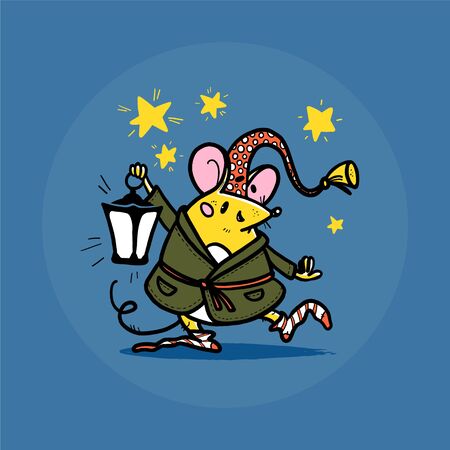 Vector illustration of cute hand drawn mouse character in sleeping cap and bassrobe holding lantern with stars on background smiling. 2020 year mascot. For kid prints, nursery design, sticker, card.のイラスト素材