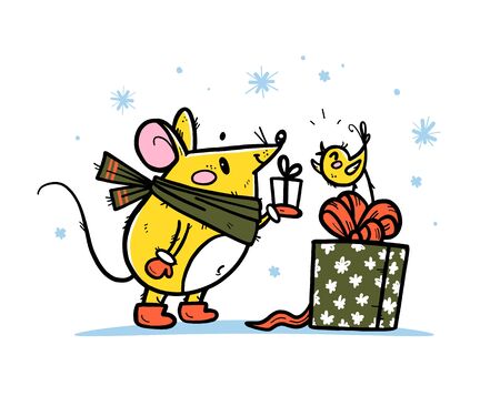 Vector illustration of cute hand drawn mouse character and little bird giving presents on snowy background. Winter holiday, Christmas eve concept. 202 year mascot. For prints, banners, stickers, cardsのイラスト素材