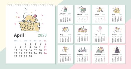 Vector 2020 new year creative monthly calendar for kids with cute funny  mice animals characters hand drawn illustrations design template. Pastel  colours cards. Desktop, print.:: tasmeemME.com