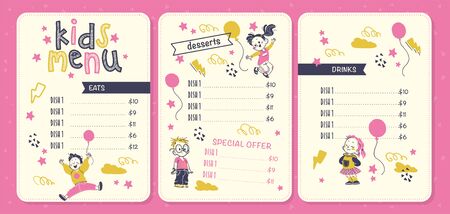 Vector kids menu design template with funny boy and girl characters, hand drawn stars, air balloons, menu in pink yellow colours. Flat style, vector illustration. For restaurants, cafe, fast food etc.のイラスト素材