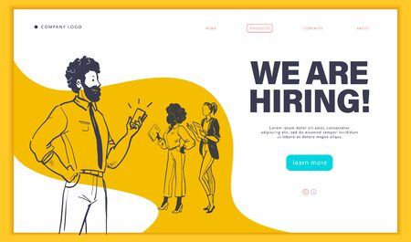 Web page design template with multiracial business people isolated,  employment and recruitment concept. Hand drawn sketch doodle style. UI, UIX, mobile app. Vector illustration.のイラスト素材