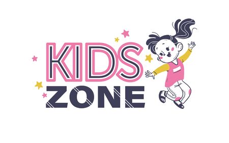 Kids zone emblem design with kids zone text, stars, happy girl jumping isolated on white background. Hand drawn illustration. For party decor, banner, playroom, playground backdrop.のイラスト素材