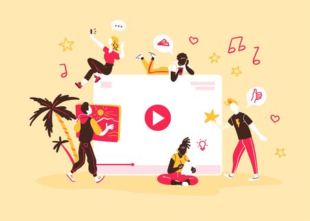 Concept for people generating and watching different internet content types. Bloggers, copywriters, designers  freelancers making online video, photo and other projects.のイラスト素材