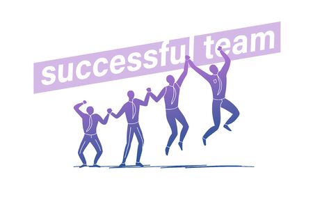 Successful team concept with group of office people hold hand and jumping celebrating isolated on white background.のイラスト素材