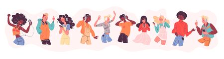 Young stylish people listening to music in headphones and earphones isolated. Multi ethnic group. Boys and girls smiling, dancing, jumping, walking. Flat cartoon style.のイラスト素材