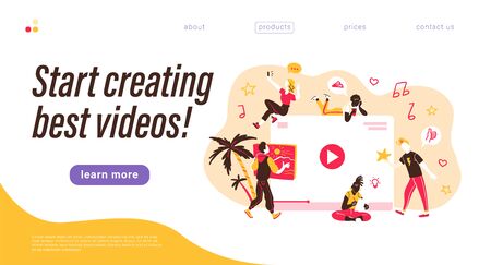 Landing page design template. Creative team generating video content. Making best videos concept. Bloggers, copywriters, designers, photographers, freelancers working.のイラスト素材