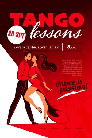 Tango lessons poster / placard advertisement design with dancing pair and text place. Red color, flat style. Dance school banner. Vector illustration.のイラスト素材